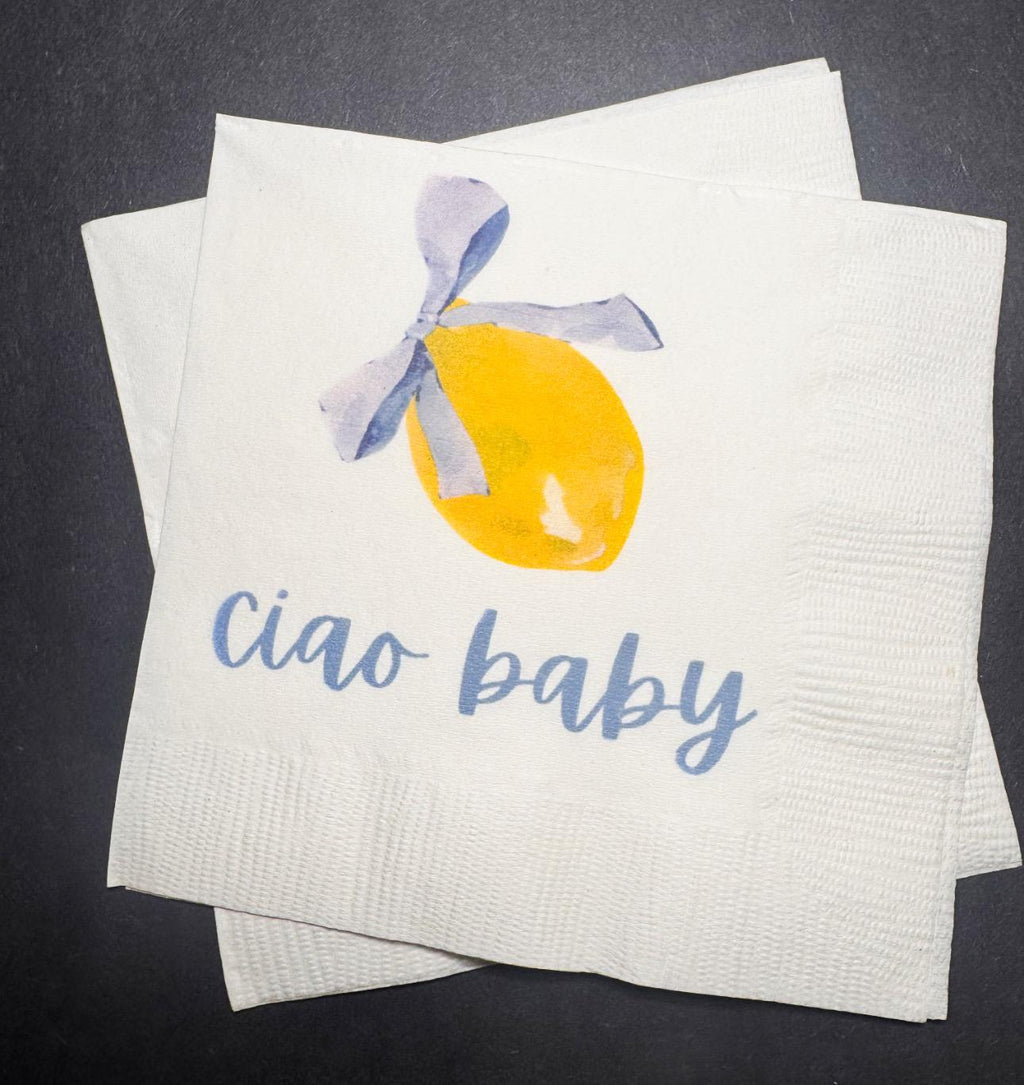 Ciao Baby Lemon Oh Baby Blue Bow Italian Baby Shower Lemon Baby Shower Summer Lemon Baby Cocktail, Luncheon or Dinner Napkins Set of 25