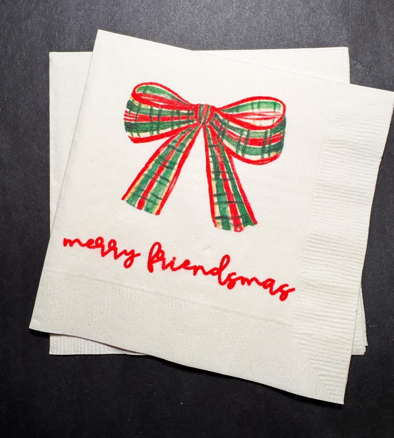Friendsmas Christmas Party Bow Very Merry Friendsmas It’s giving Friendsmas Funny Christmas Cocktail, Luncheon or Dinner Napkins Set of 25