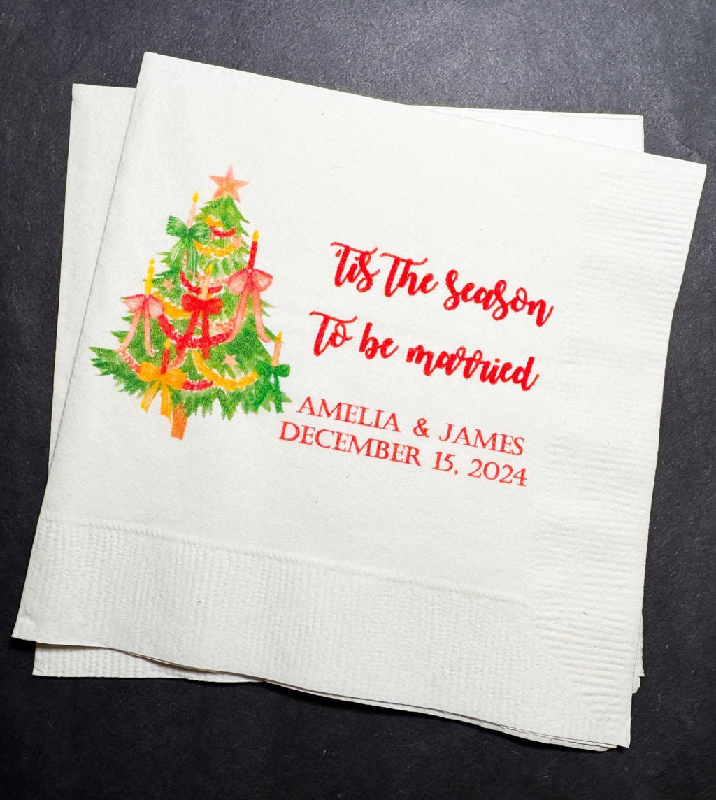 Tis the Season to be Married Christmas Engagement Wedding Bow Christmas Shower Personalized Cocktail, Luncheon or Dinner Napkins Set of 25