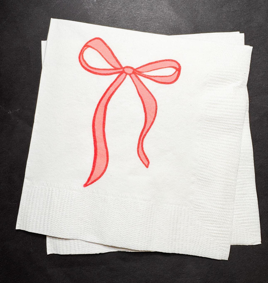 Pink Red Bow Christmas Birthday Valentine Bachelorette Pink Red Birthday Red Bow Baby Shower Cocktail, Luncheon or Dinner Napkins Set of 25