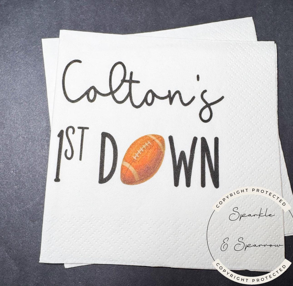 Football First Birthday Football One 1st Year Down Football First 1st Bday Party Personalized Cocktail, Luncheon or Dinner Napkins Set of 25