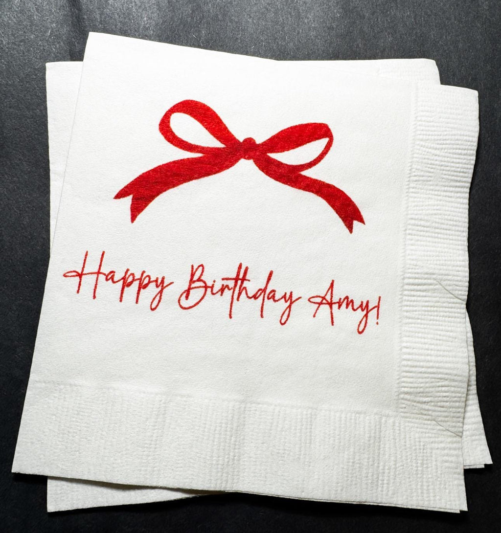 Red Bow Birthday Christmas December Birthday Happy Birthday Oh What Fun Personalized Cocktail, Luncheon or Dinner Napkins Set of 25