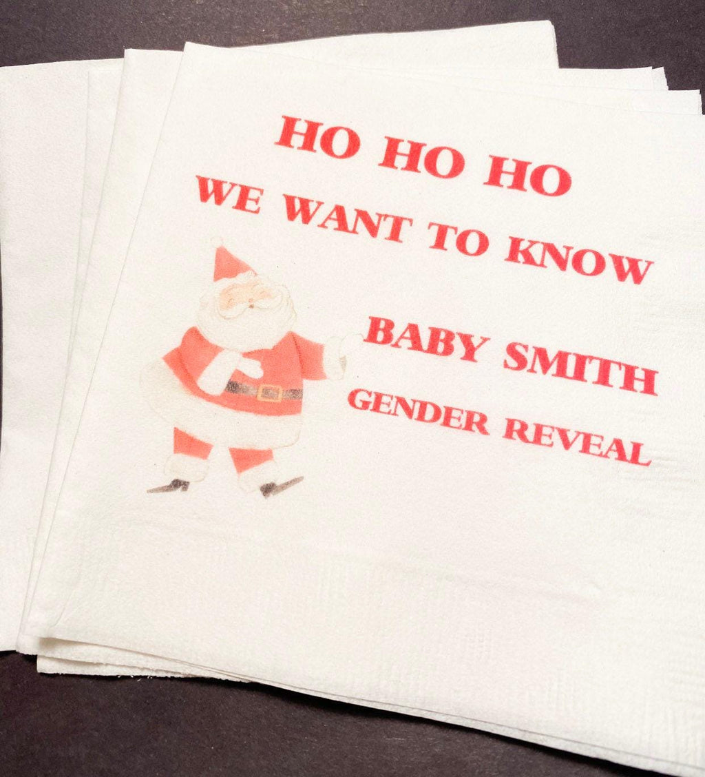 Christmas Gender Reveal Ho Ho Ho We Want To Know He or She Santa Winter December Baby Reveal Personalized Cocktail Napkins, Set of 25