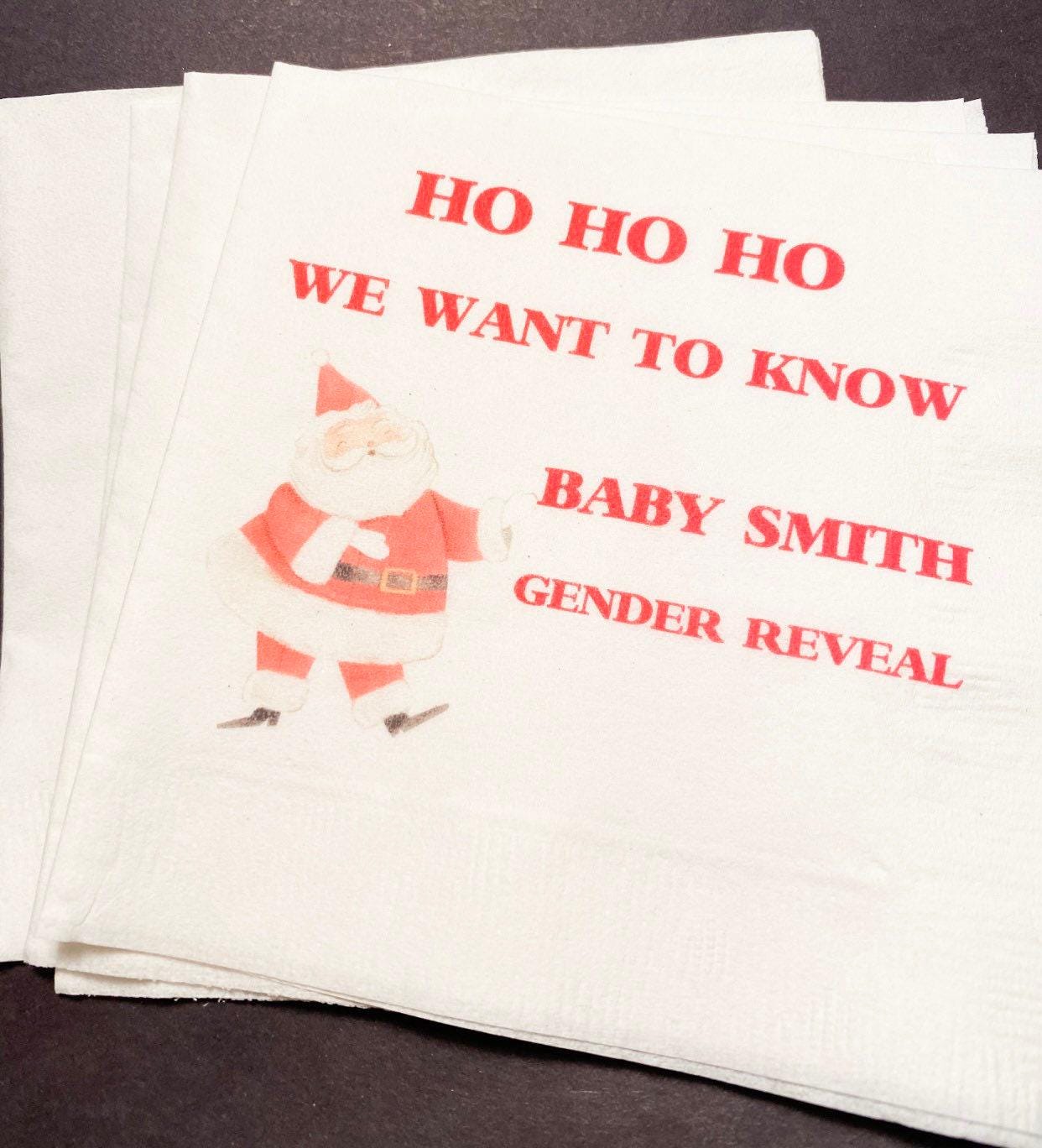 Christmas Gender Reveal Ho Ho Ho We Want To Know He or She Santa Winter December Baby Reveal Personalized Cocktail Napkins, Set of 25