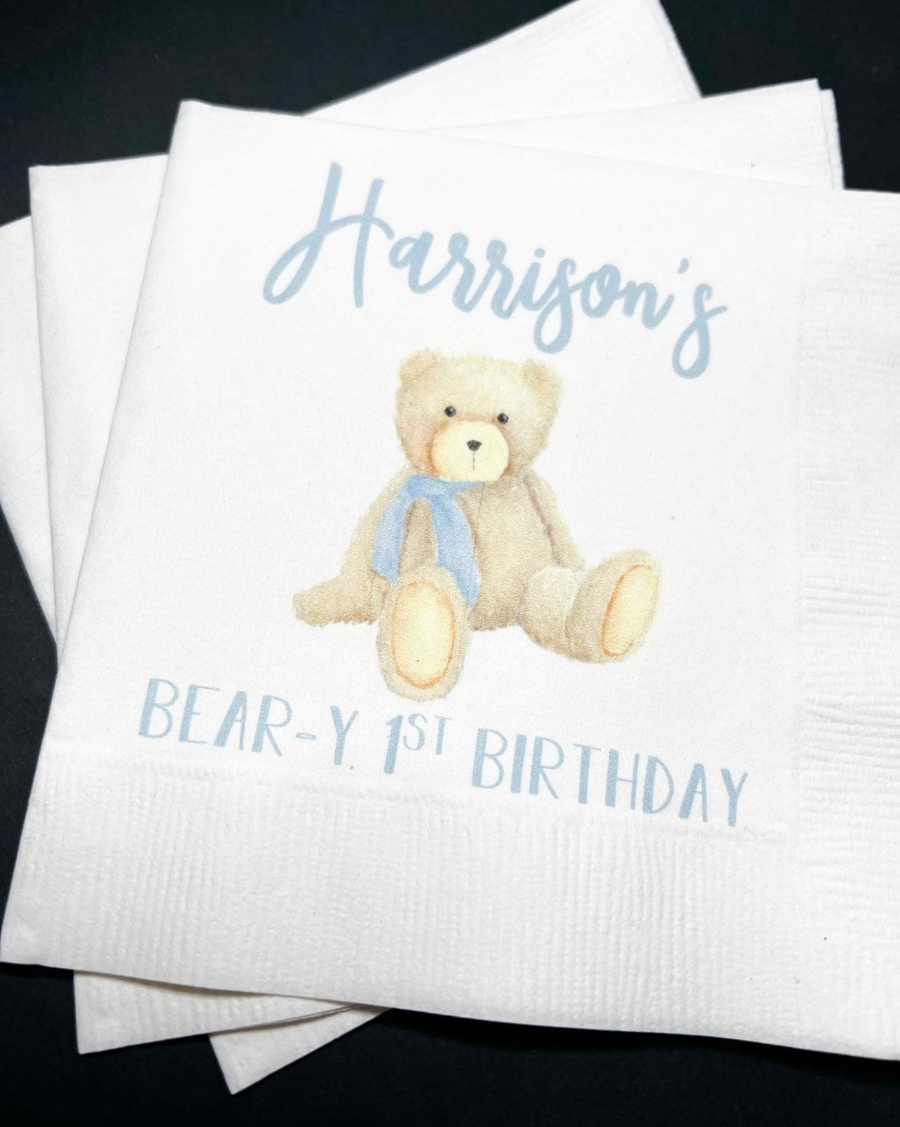 Teddy Bear Birthday Beary 1st Birthday First Birthday Bear Personalized Cocktail, Luncheon or Dinner Napkins Set of 25