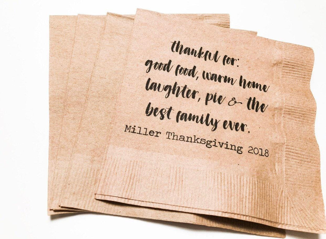 Thanksgiving Gather Family Dinner Personalized Kraft Cocktail or Dinner Napkins, Set of 25