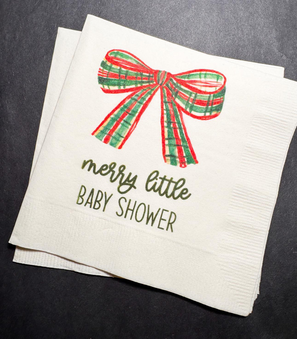 Merry Little Baby Shower Bow Theme Winter Christmas December Baby Shower Winter Holiday Baby Cocktail, Luncheon or Dinner Napkins Set of 25