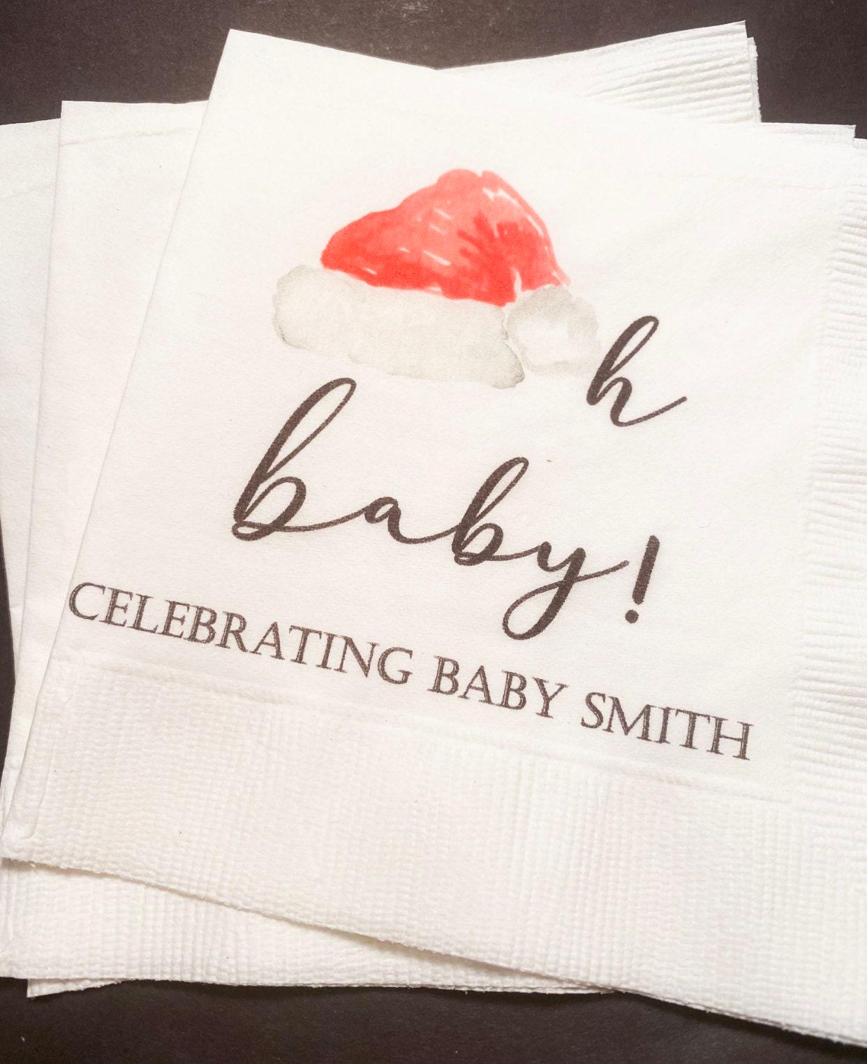 Santa Oh Baby Santa Baby Gender Reveal Christmas Reveal December Gender Reveal Personalized  Cocktail, Luncheon or Dinner Napkins Set of 25