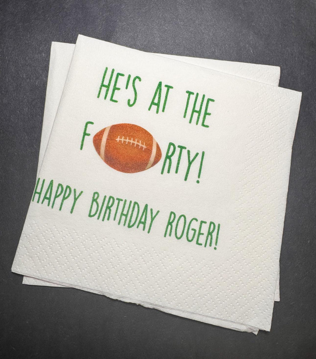 Football Birthday He's at the Forty Football themed 40th Birthday Its Game Time Personalized Cocktail, Luncheon or Dinner Napkins Set of 25