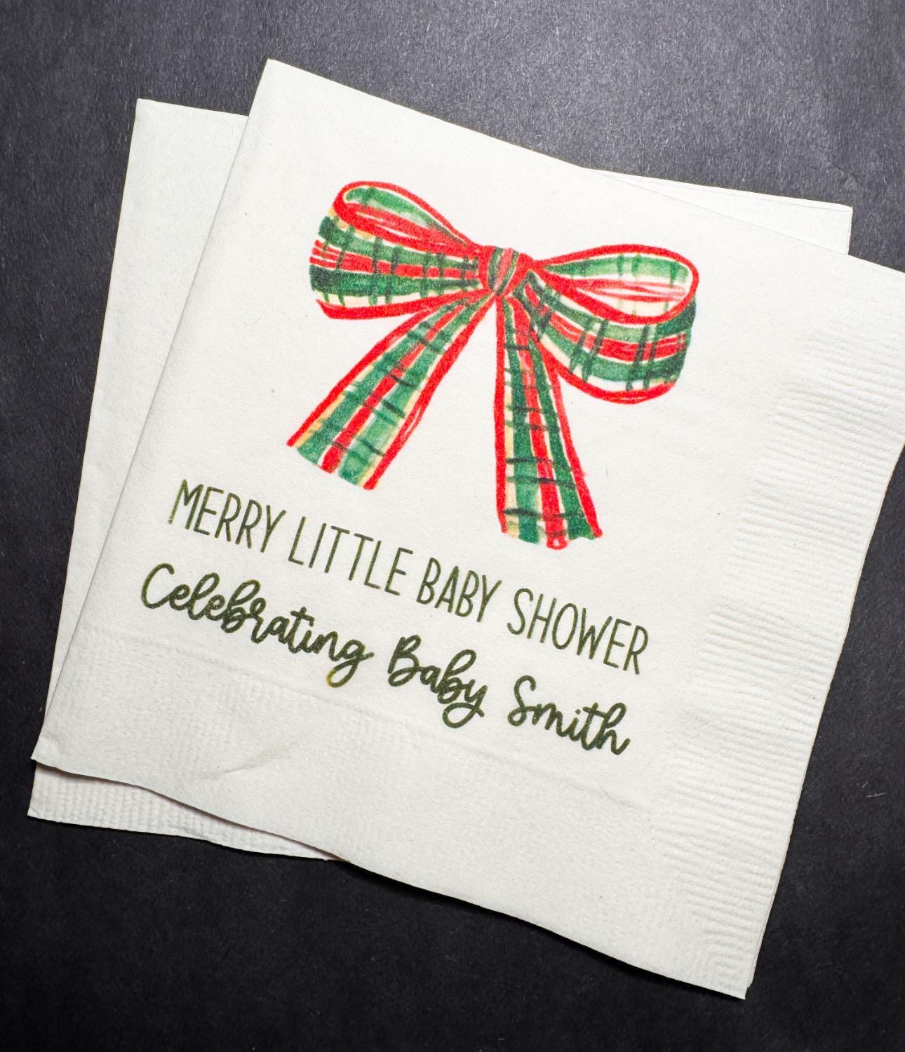 Merry Little Baby Shower Winter Christmas December Bow Baby Shower Winter Baby Personalized Cocktail, Luncheon or Dinner Napkins Set of 25