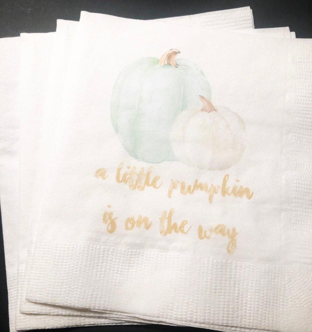 A Little Pumpkin Is On It's Way Fall Baby Shower Gender Neutral White Pumpkin Green Pumpkin Gold Cocktail or Luncheon Napkins, Set of 25