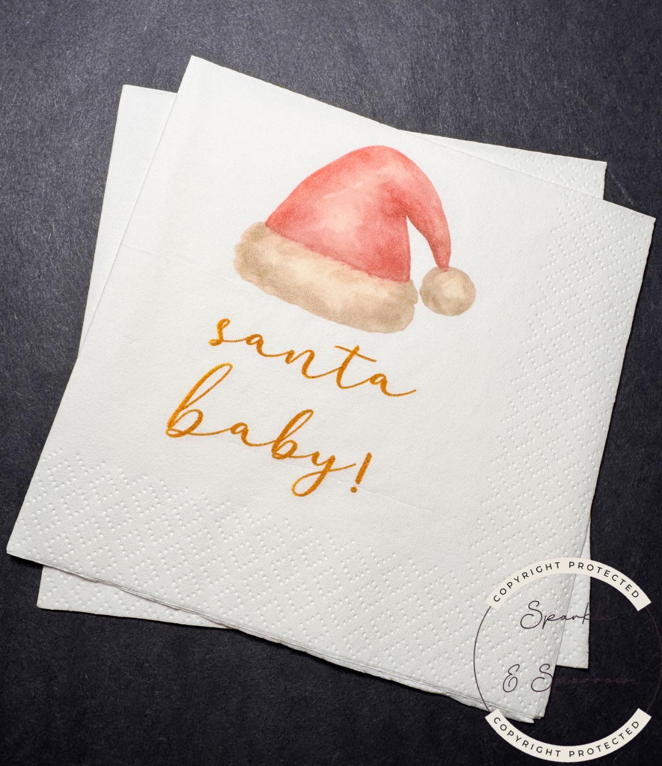 Santa Baby Christmas Baby Shower Pink Santa Hat Baby Gender Reveal Christmas Reveal Pink Baby Cocktail, Luncheon or Dinner Napkins Set of 25