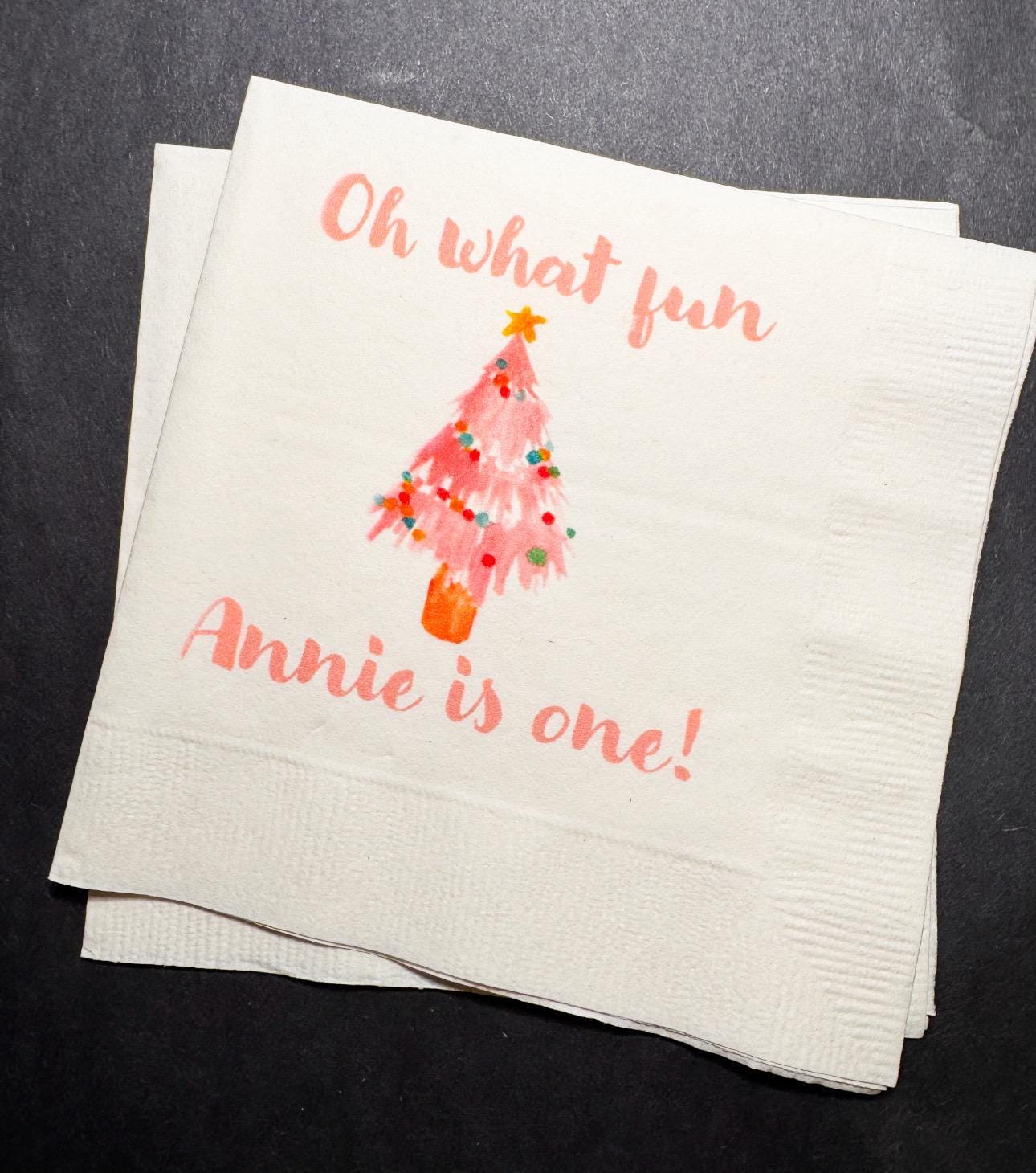 Oh What Fun First Birthday Party Winter Christmas  December Pink Christmas Tree Personalized Cocktail, Luncheon or Dinner Napkins Set of 25