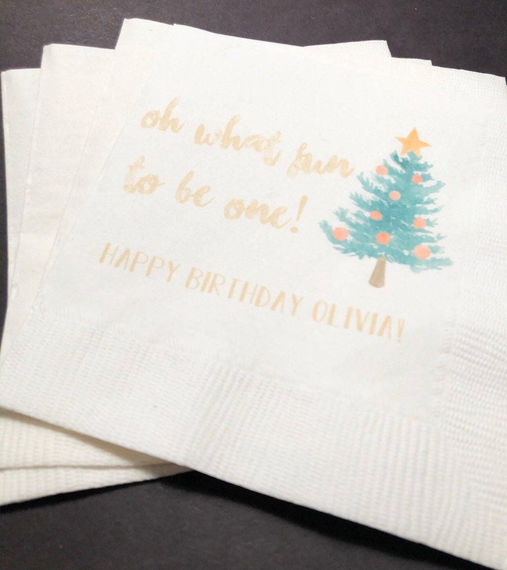 Oh What Fun to be One Christmas First Birthday Winter 1st Birthday Personalized Cocktail, Luncheon or Dinner Napkins Set of 25