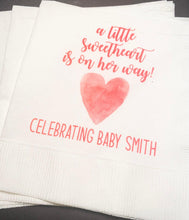 Load image into Gallery viewer, A Little Sweetheart is on Her Way Baby Shower Heart Valentines Girl Baby Shower Personalized Cocktail or Luncheon Napkins, Set of 25
