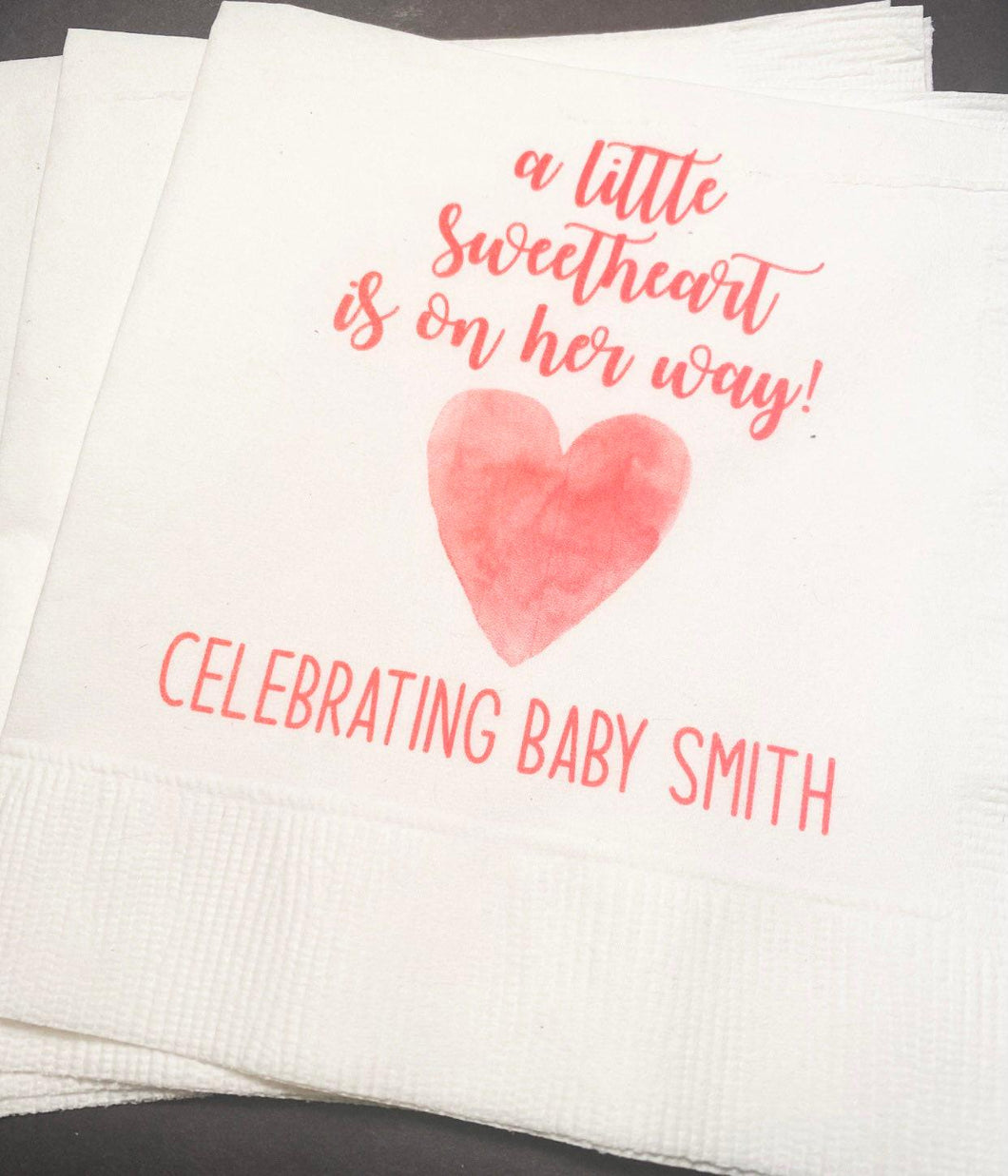 A Little Sweetheart is on Her Way Baby Shower Heart Valentines Girl Baby Shower Personalized Cocktail or Luncheon Napkins, Set of 25
