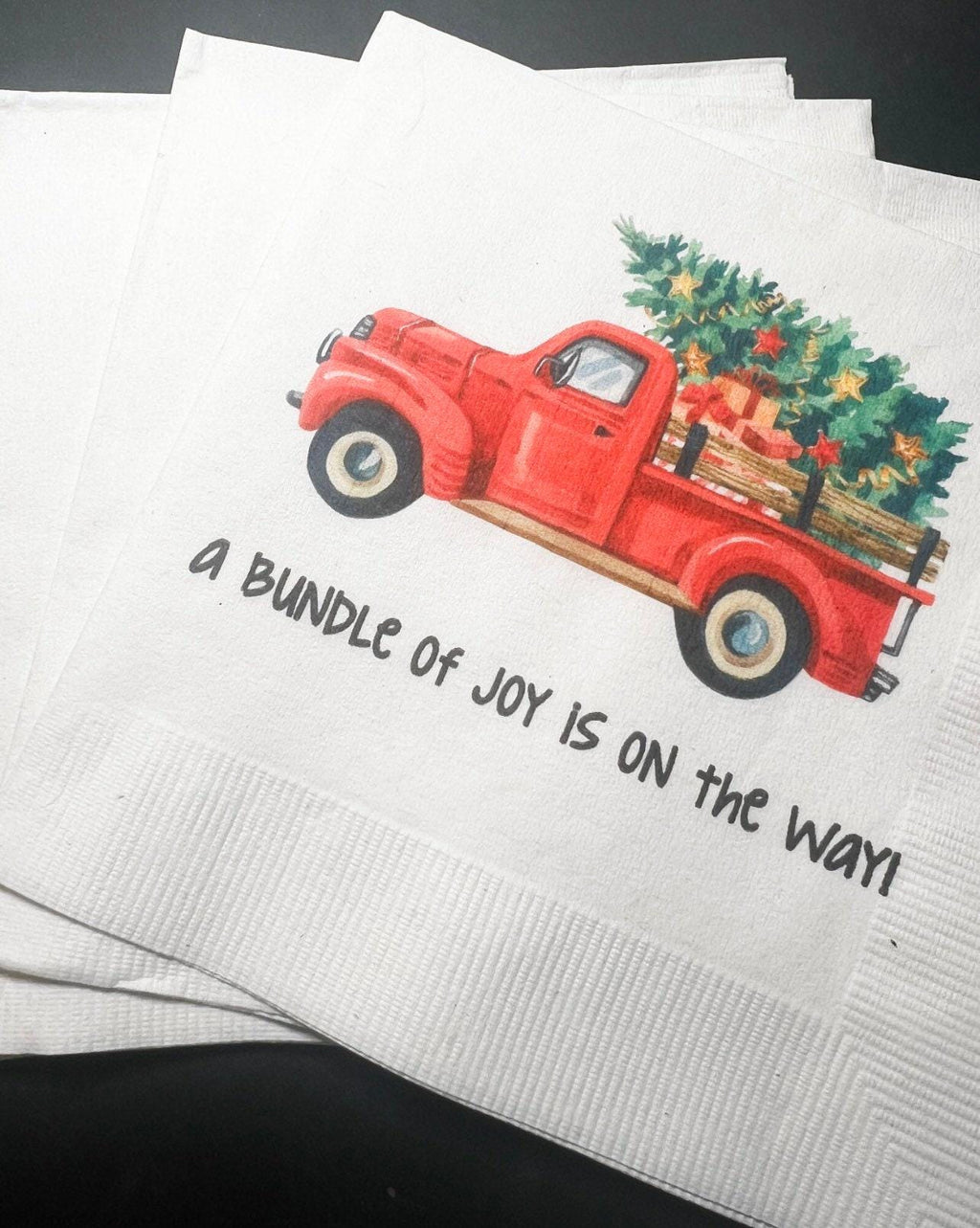 Bundle of Joy is on the Way Red Truck Winter Christmas Tree December Baby Shower Cocktail, Luncheon or Dinner Napkins Set of 25