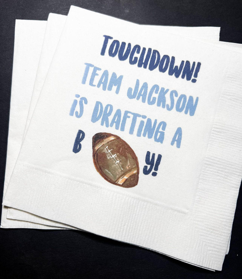 Football Baby Shower Touchdown Drafting a Boy Personalized Cocktail, Luncheon or Dinner Napkins Set of 25