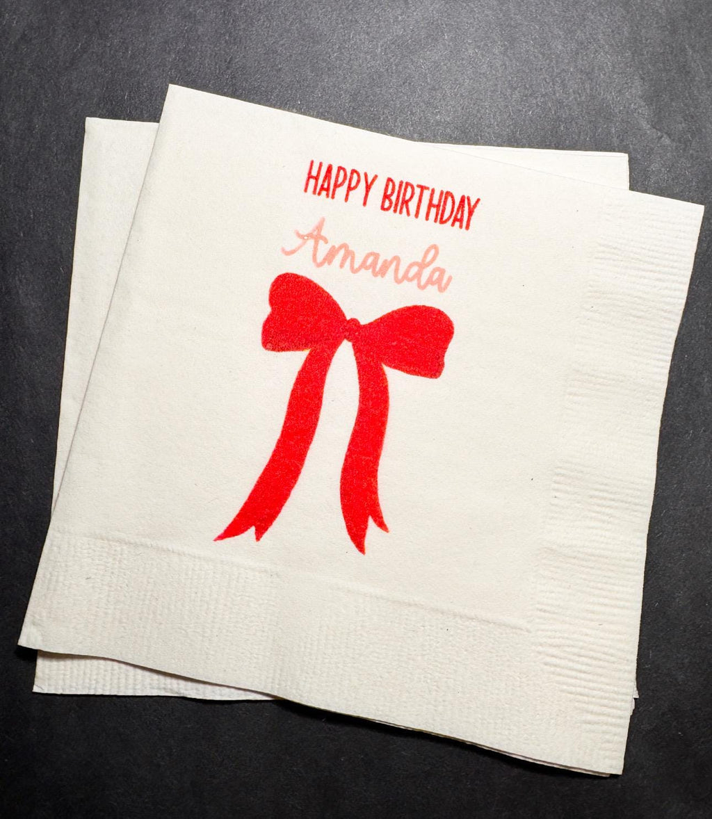 Red Bow Birthday Christmas Pink Red December Birthday Happy Birthday Oh What Fun Christmas Cocktail, Luncheon or Dinner Napkins Set of 25