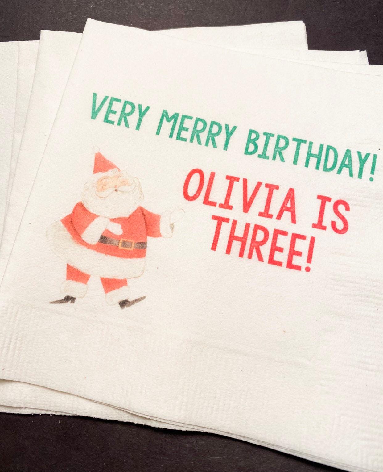 Merry Birthday December Christmas Santa Birthday Very Merry Personalized Cocktail, Luncheon or Dinner Napkins Set of 25