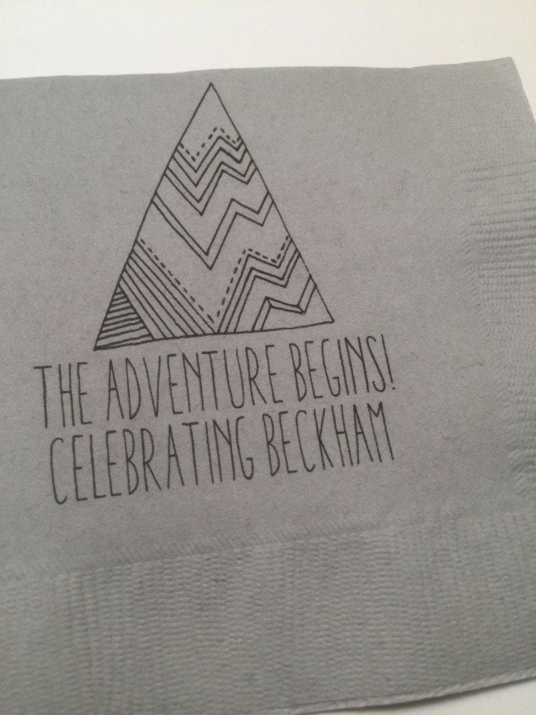 Adventure Begins Greatest Adventure Mountain Baby Shower Personalized Gray Cocktail, Luncheon or Dinner Napkins Set of 25
