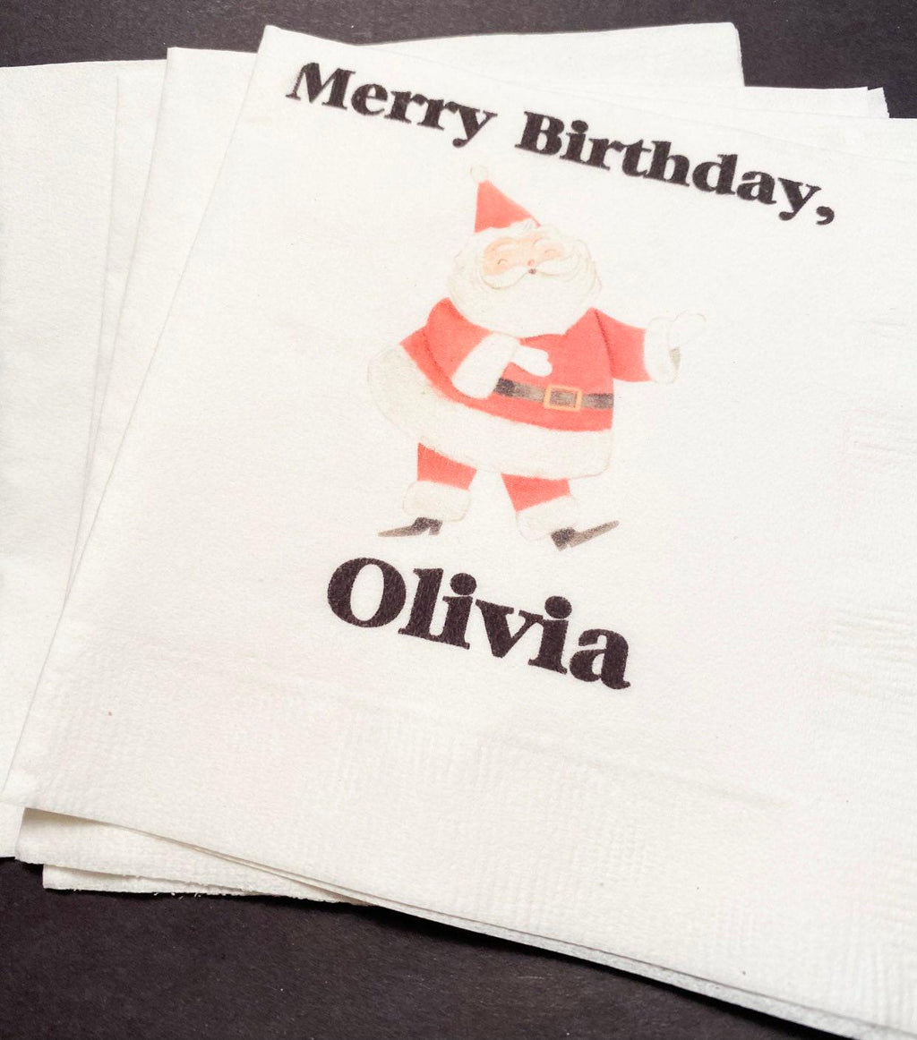 Merry Birthday December Christmas Santa Birthday Very Merry Personalized Cocktail, Luncheon or Dinner Napkins Set of 25