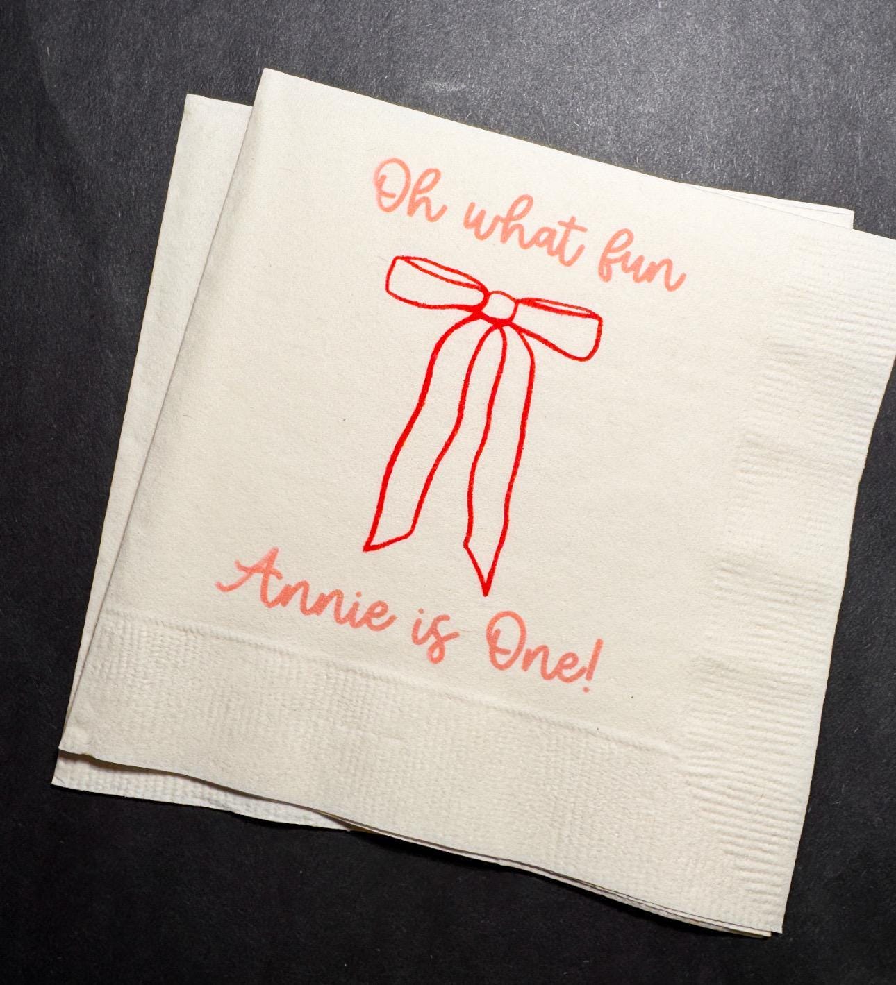 Oh What Fun Red Bow Birthday Christmas Pink Red December 1st Birthday Christmas Personalized Cocktail, Luncheon or Dinner Napkins Set of 25