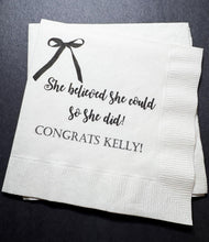 Load image into Gallery viewer, Black Bow Graduation Party Class of 2025 She Believed She Could Graduation Party Personalized Cocktail, Luncheon or Dinner Napkins Set of 25
