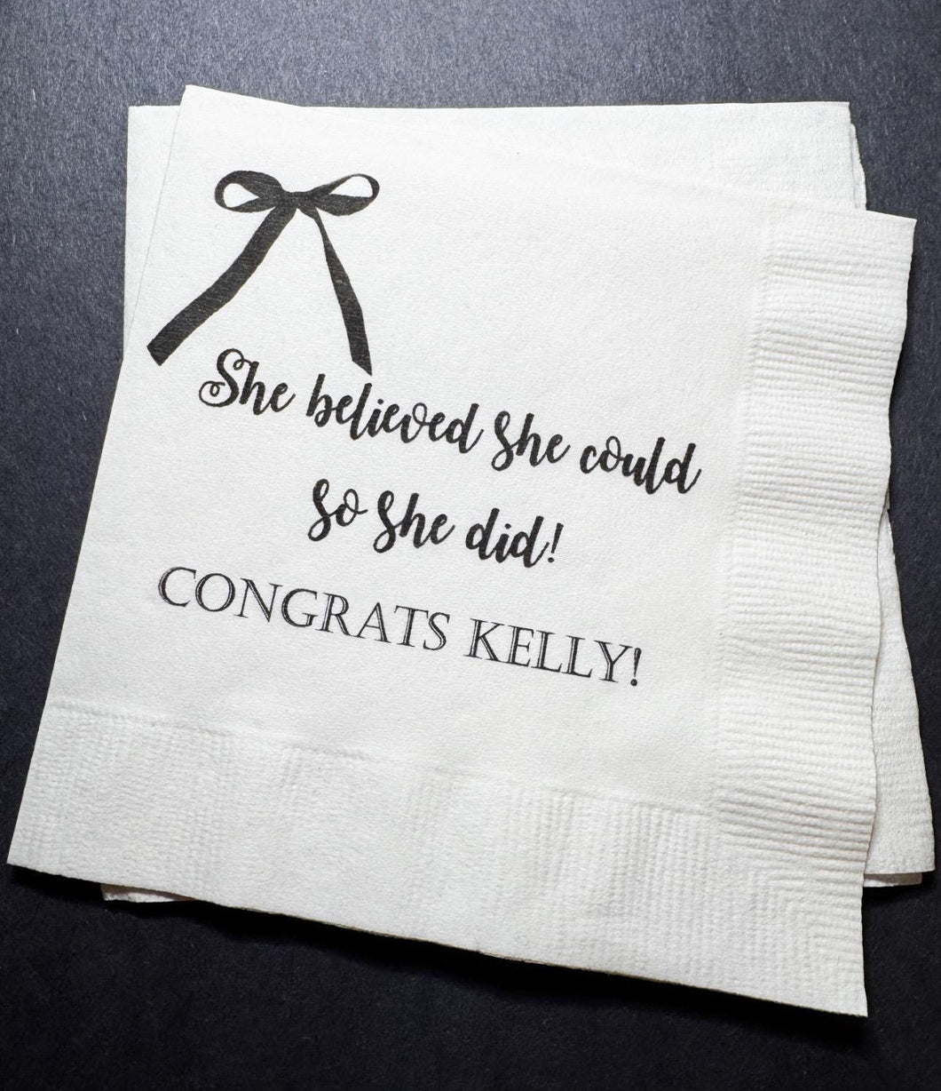 Black Bow Graduation Party Class of 2025 She Believed She Could Graduation Party Personalized Cocktail, Luncheon or Dinner Napkins Set of 25