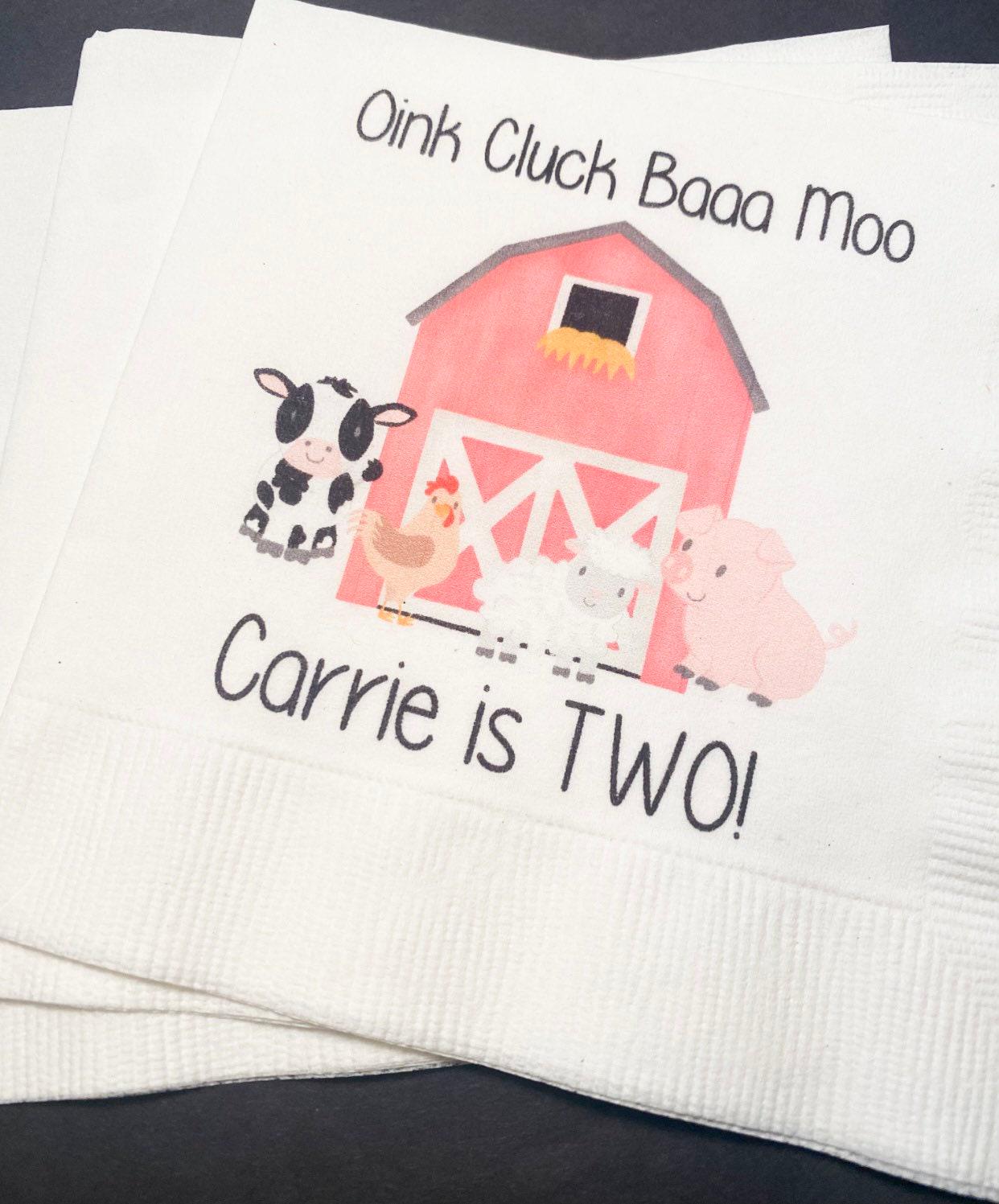 Farm Animal Birthday Pink Barnyard Oink Cluck Moo Turning 2 Farm Girl Birthday Personalized Cocktail, Luncheon or Dinner Napkins Set of 25
