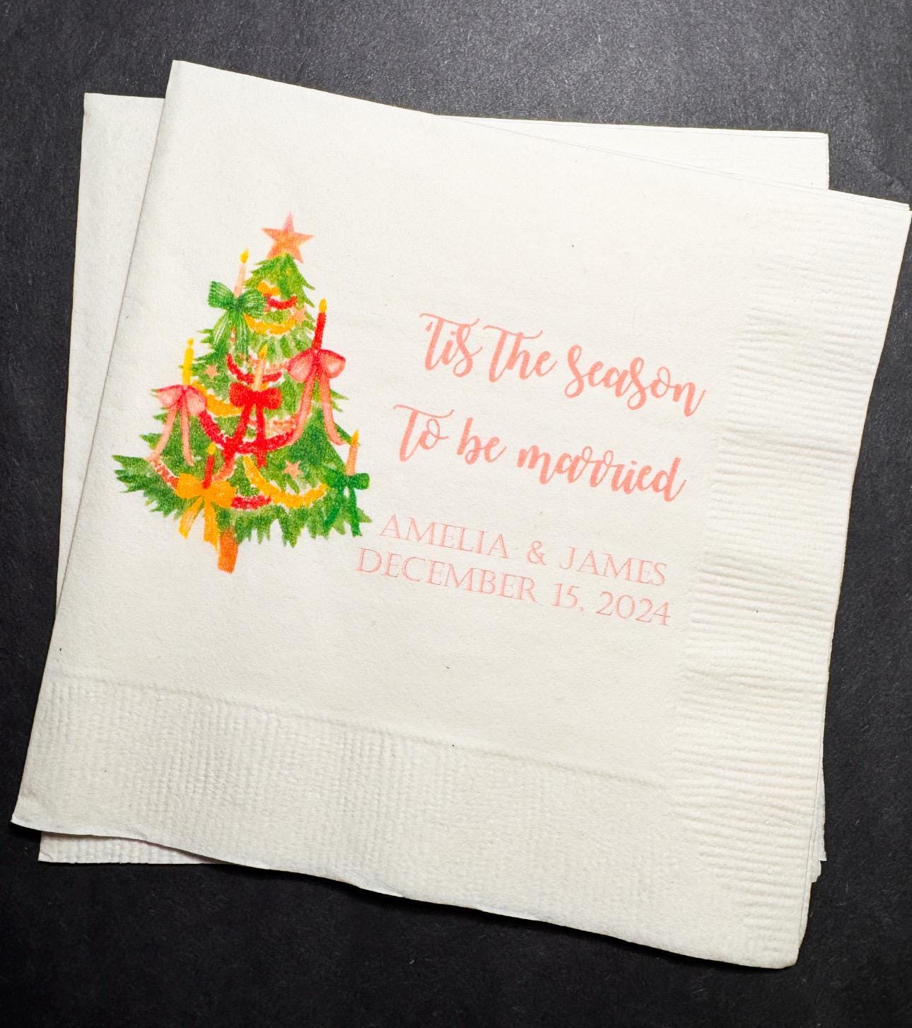 Tis the Season to be Married Christmas Engagement Wedding Bow Christmas Shower Personalized Cocktail, Luncheon or Dinner Napkins Set of 25