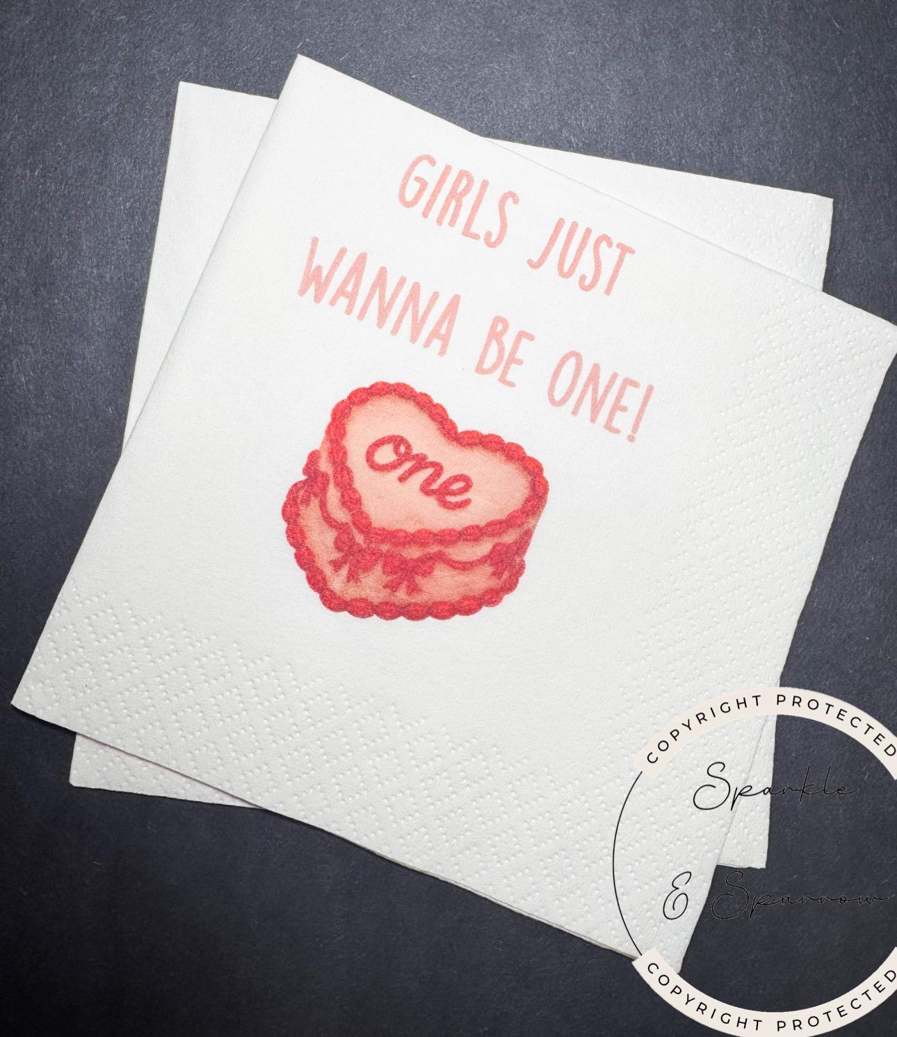 Girls Just Wanna Be One Pink Red Bow First Birthday 1st Bday Coquette Cake Pink Bow Party Cocktail, Luncheon or Dinner Napkins Set of 25