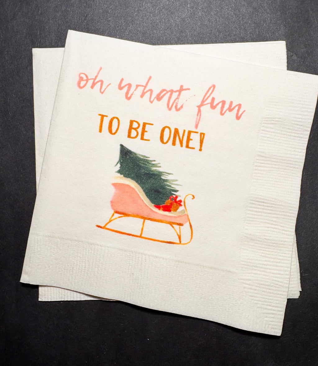 Oh What Fun First Birthday Party Baby Shower Winter Christmas December Cocktail, Luncheon or Dinner Napkins Set of 25