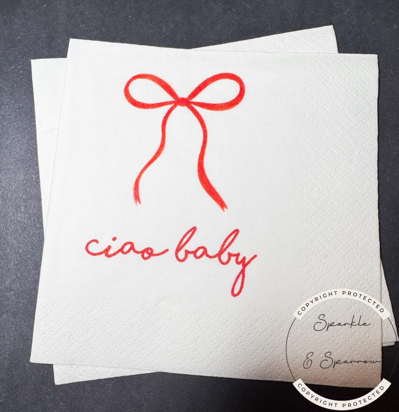Ciao Baby Red Bow Italian Baby Shower Ciao Bambino Pink Red Baby Shower Summer Lemon Cocktail, Luncheon or Dinner Napkins Set of 25