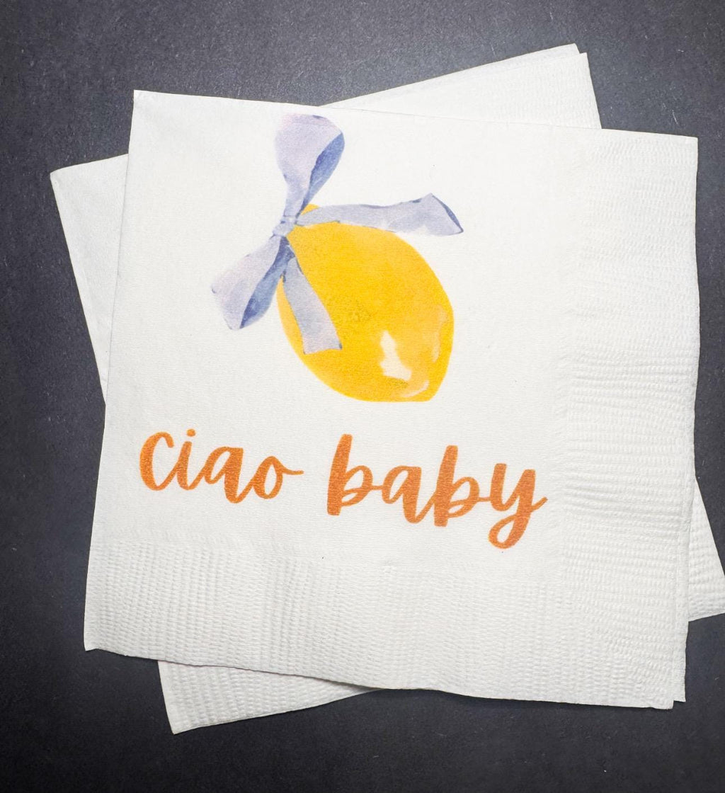 Ciao Baby Lemon Oh Baby Blue Bow Italian Baby Shower Lemon Baby Shower Summer Lemon Baby Cocktail, Luncheon or Dinner Napkins Set of 25