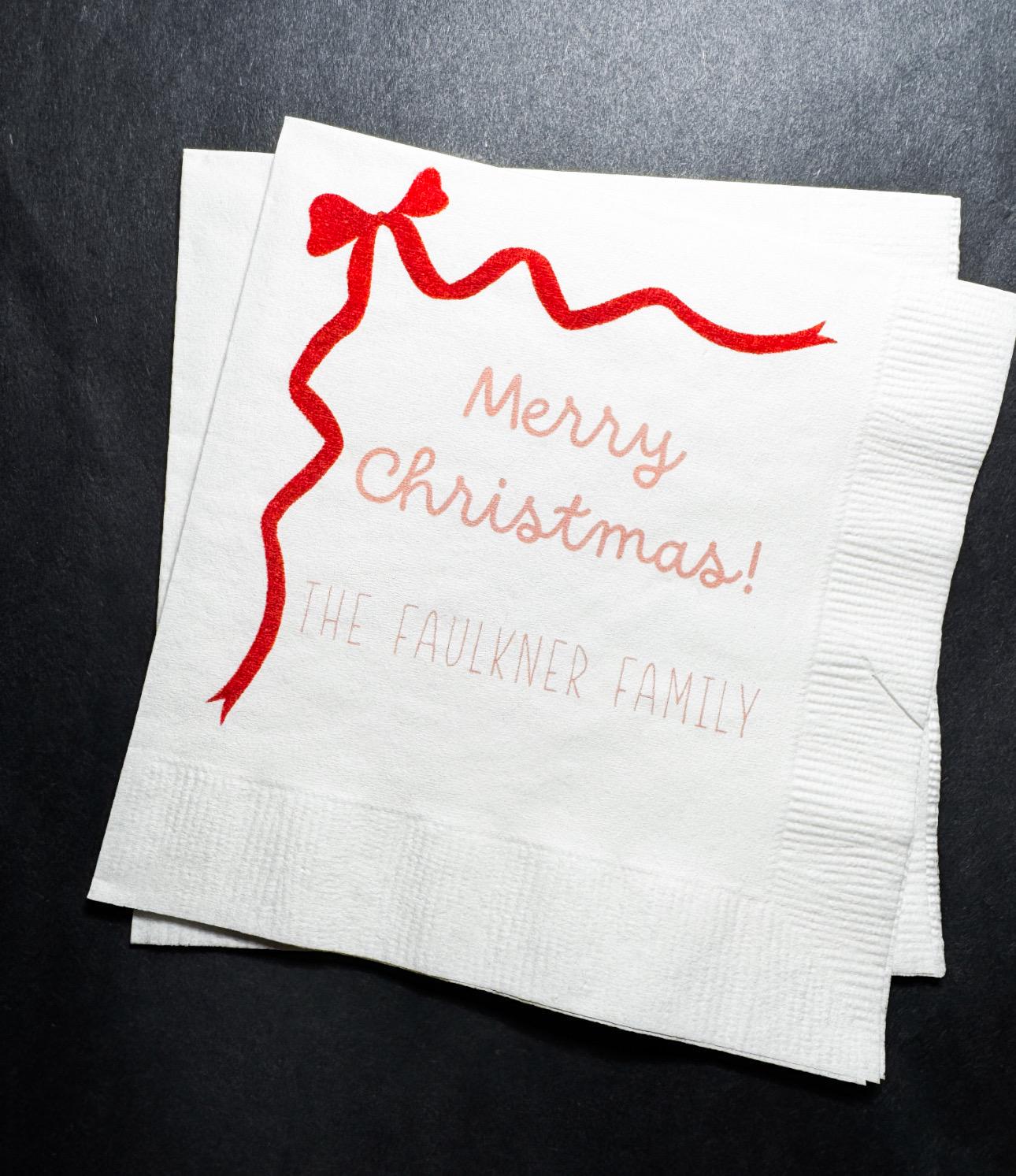 Christmas Red Bow Family Christmas Party Gathering Holiday Party Christmas Eve Personalized Cocktail, Luncheon or Dinner Napkins Set of 25