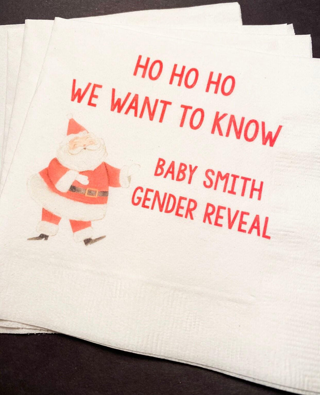 Christmas Gender Reveal Ho Ho Ho We Want To Know He or She Santa Winter December Baby Reveal Personalized Cocktail Napkins, Set of 25