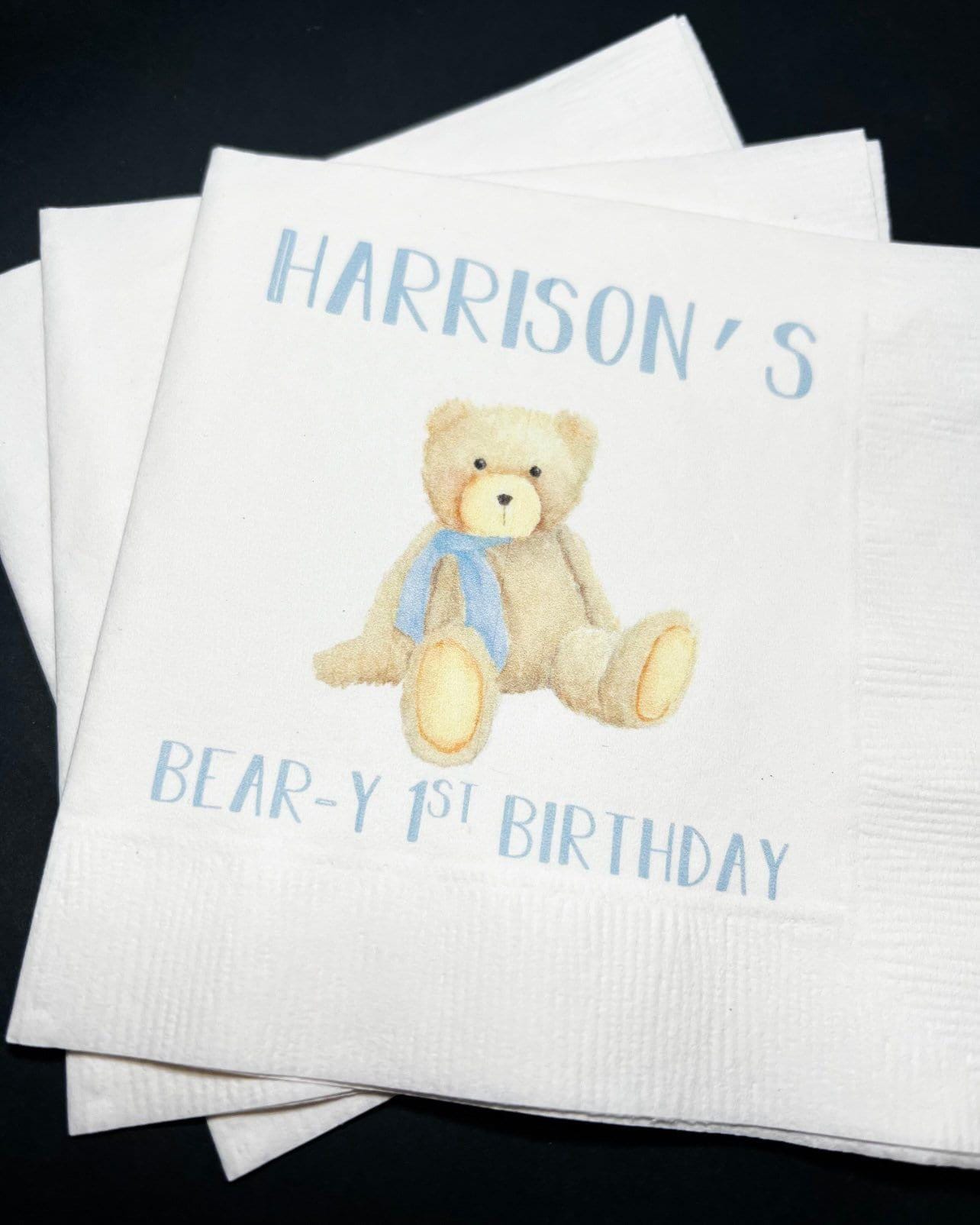 Teddy Bear Birthday Beary 1st Birthday First Birthday Bear Blue Bow Bear Bday Personalized Cocktail, Luncheon or Dinner Napkins Set of 25