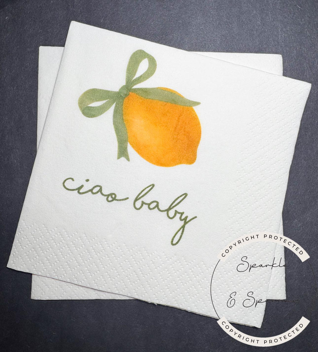 Ciao Baby Lemon Oh Baby Sage Green Bow Italian Baby Shower Lemon Baby Shower Summer Lemon Cocktail, Luncheon or Dinner Napkins Set of 25