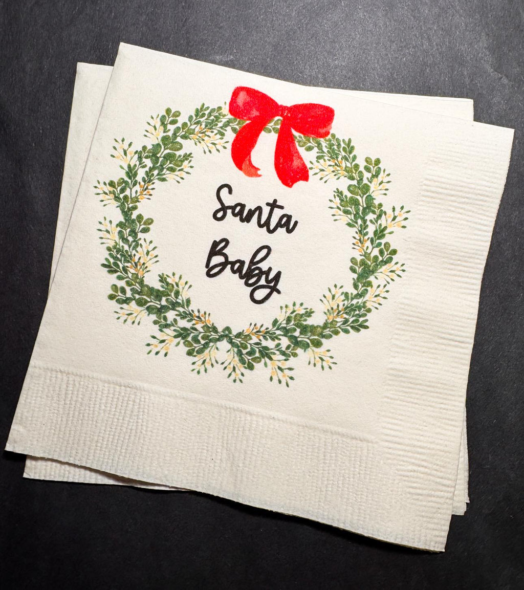 Santa Baby Red Bow Christmas Baby Shower Santa Baby Gender Reveal Christmas December Gender Reveal Cocktail or Luncheon Napkins, Set of 25