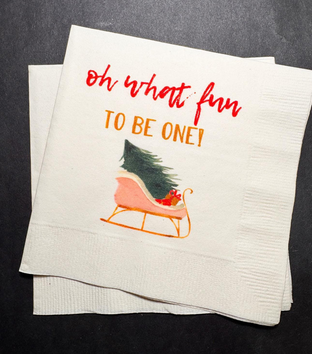 Oh What Fun First Birthday Party Baby Shower Winter Christmas December Cocktail, Luncheon or Dinner Napkins Set of 25