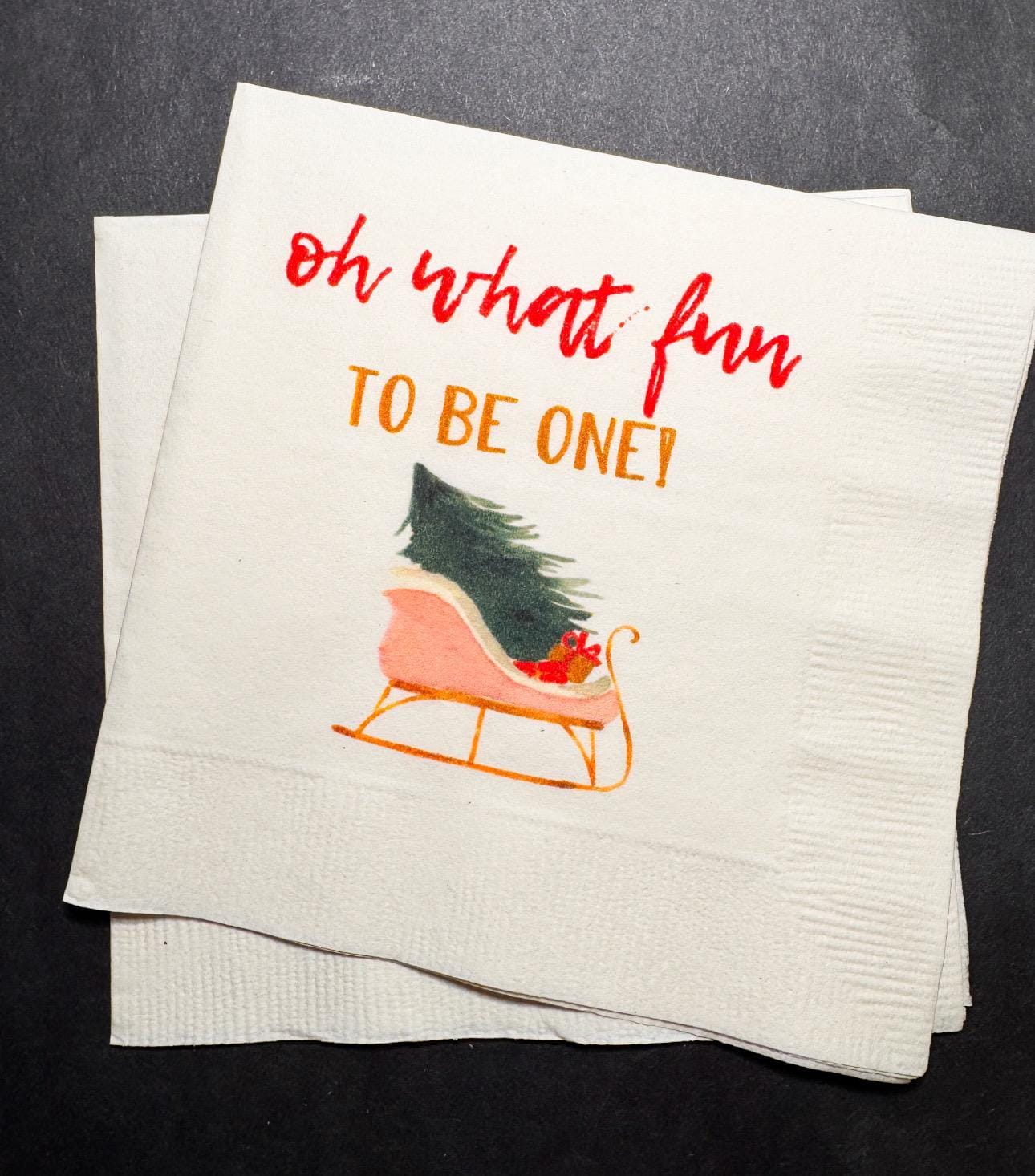 Oh What Fun First Birthday Party Baby Shower Winter Christmas December Cocktail, Luncheon or Dinner Napkins Set of 25