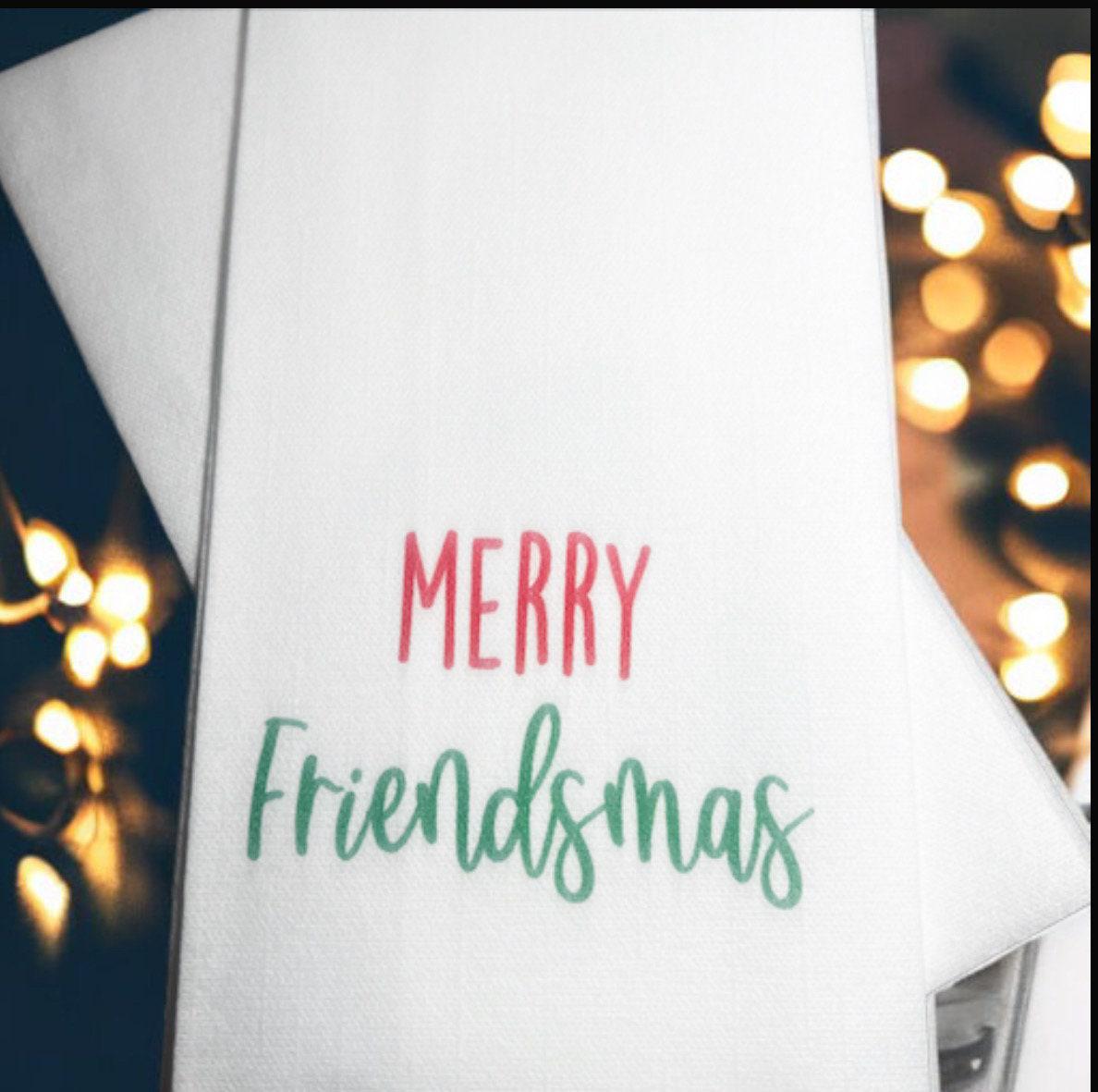 Christmas Friendsmas Guest Towels Linen Feel Ultra Ply White Disposable Towel Dinner Napkin Holiday Christmas Paper Hand Towels, Set of 20