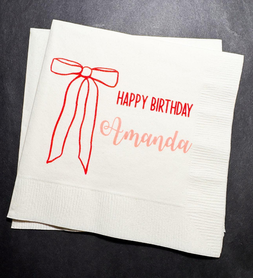 Red Bow Birthday Christmas Pink Red December Birthday Happy Birthday Oh What Fun Christmas Cocktail, Luncheon or Dinner Napkins Set of 25