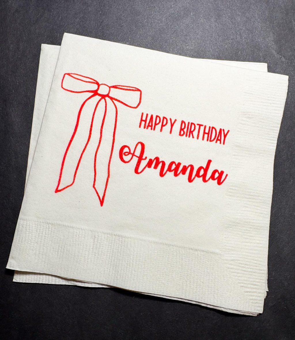 Red Bow Birthday Christmas Pink Red December Birthday Happy Birthday Oh What Fun Christmas Cocktail, Luncheon or Dinner Napkins Set of 25