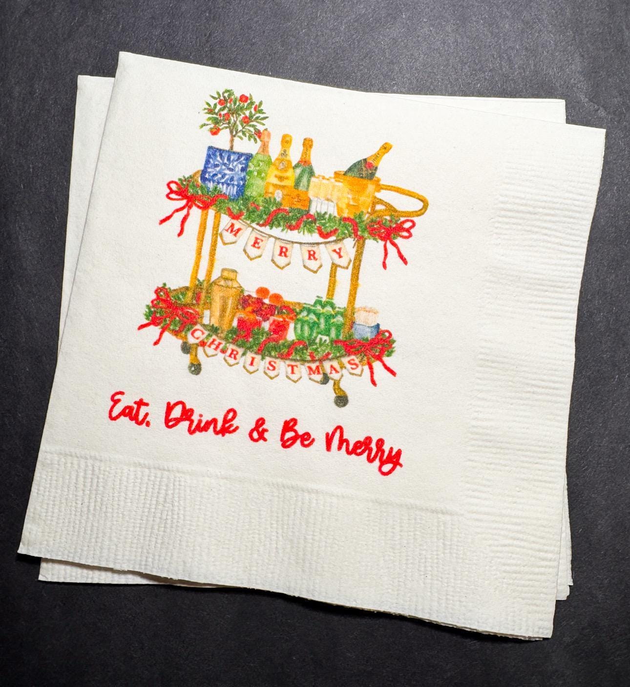 Eat Drink Be Merry Christmas Bar Cart Christmas Cocktail Holiday Party Red Bow Friendsmas Cocktail, Luncheon or Dinner Napkins Set of 25