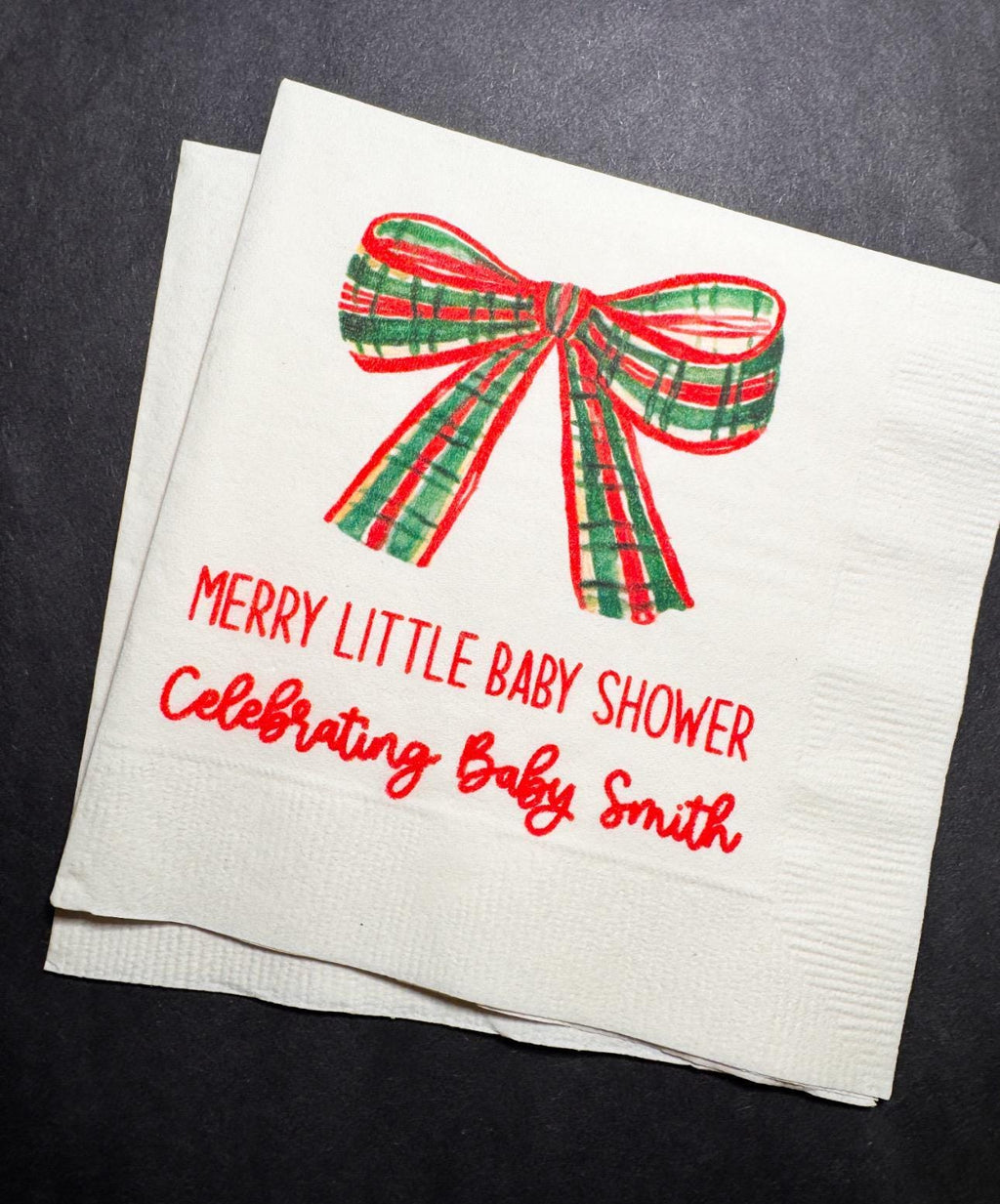 Merry Little Baby Shower Winter Christmas December Bow Baby Shower Winter Baby Personalized Cocktail, Luncheon or Dinner Napkins Set of 25