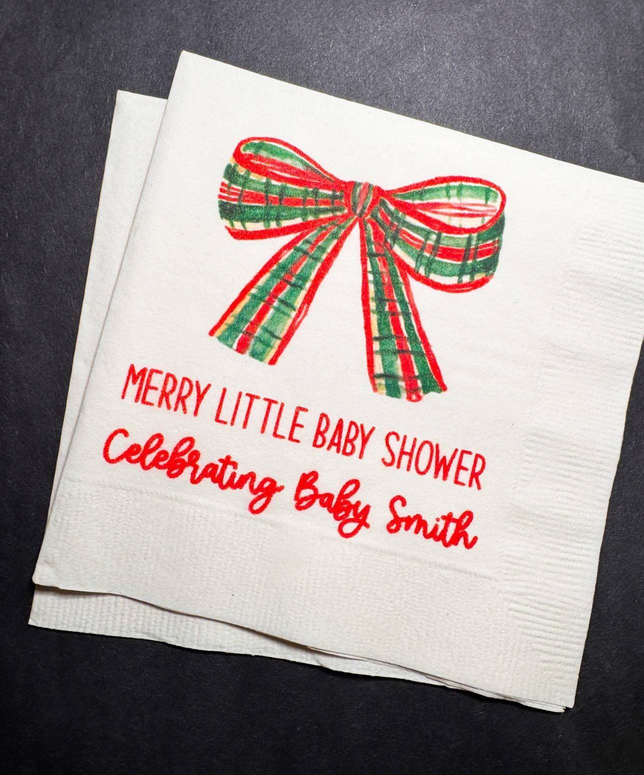 Merry Little Baby Shower Winter Christmas December Bow Baby Shower Winter Baby Personalized Cocktail, Luncheon or Dinner Napkins Set of 25
