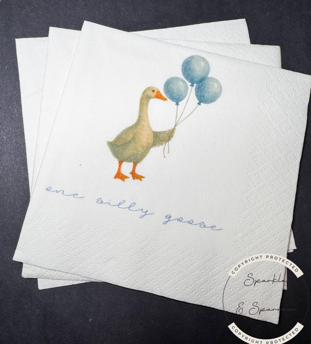 One Silly Goose 1st Birthday Blue Boy First Birthday Goose Preppy Goose Birthday Party  Cocktail, Luncheon or Dinner Napkins Set of 25