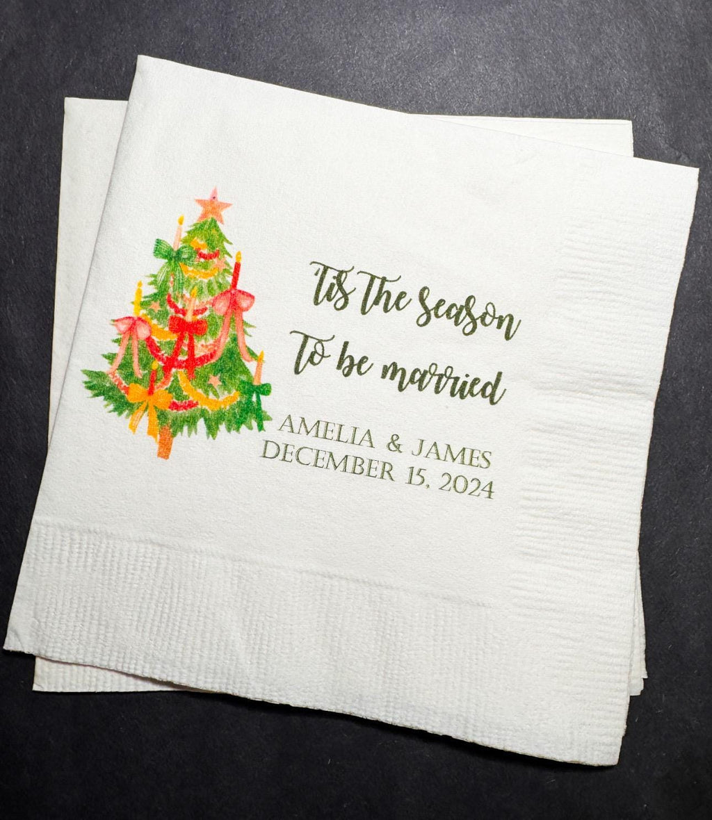 Tis the Season to be Married Christmas Engagement Wedding Bow Christmas Shower Personalized Cocktail, Luncheon or Dinner Napkins Set of 25